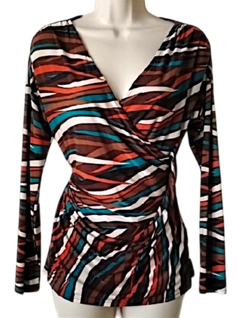 NWOT S-Twelve S-12 Ruched Surplice Jersey Knit Top S Brown Teal Swirls